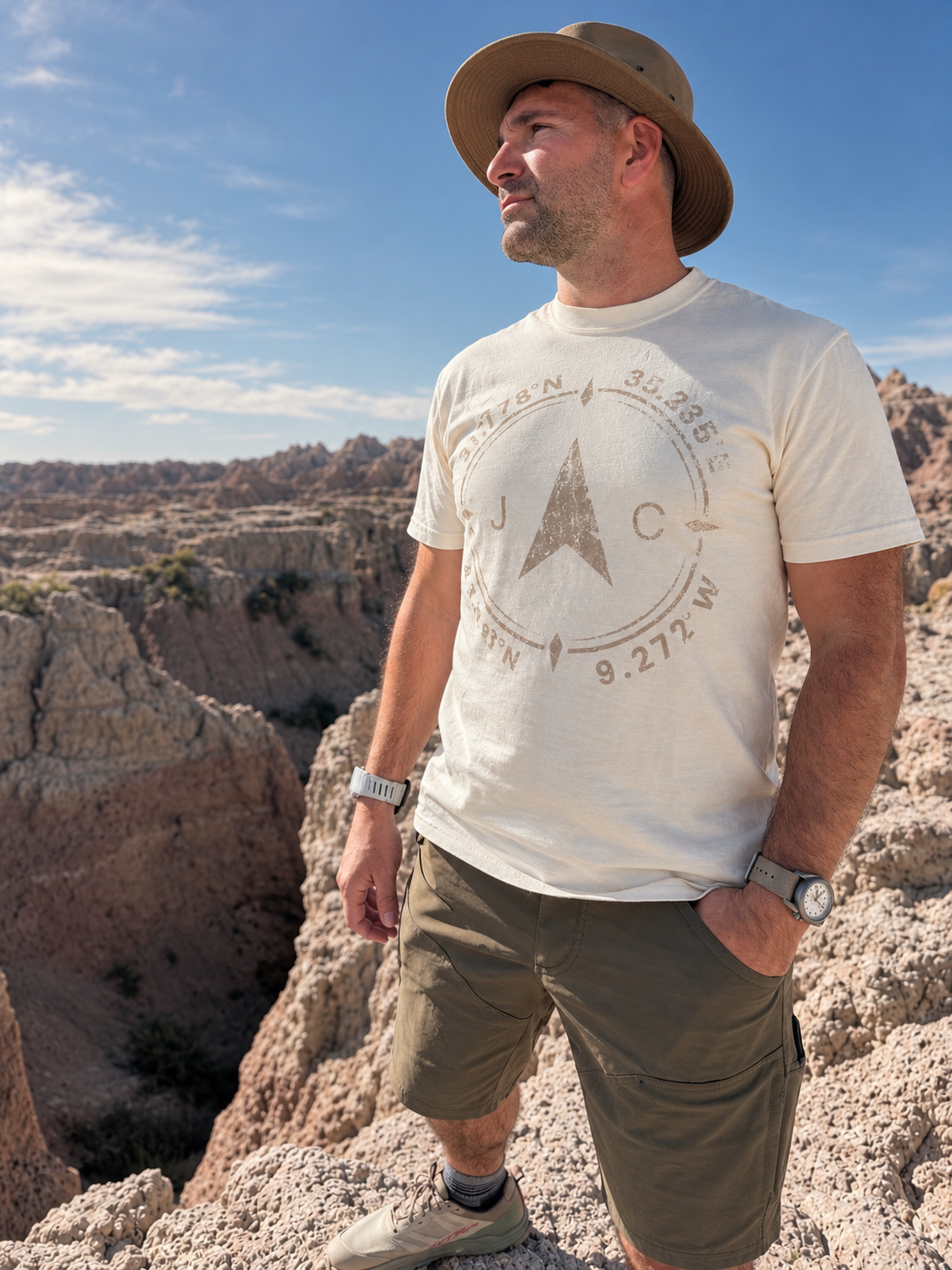 Man wearing the Sow & Cover Commission Tee in a rocky outdoor landscape